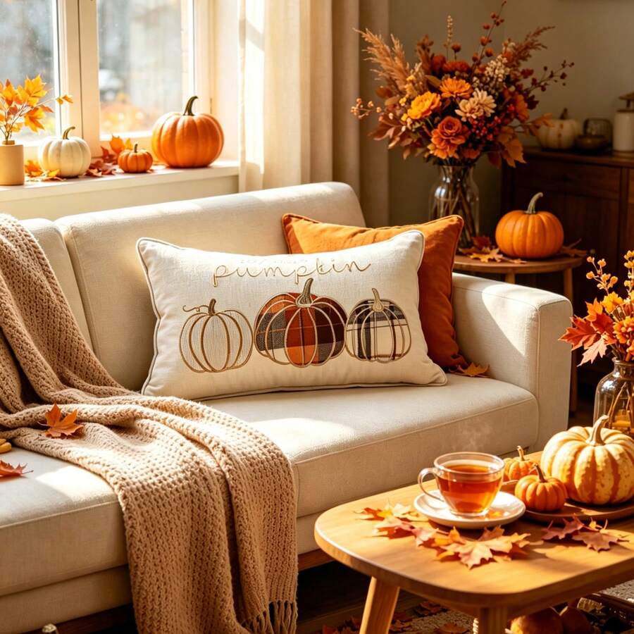 1件 Hello Pumpkin 刺繡感恩節與萬聖節抱枕套,裝飾性秋季豐收南瓜枕套 - 米色 - 查看 1