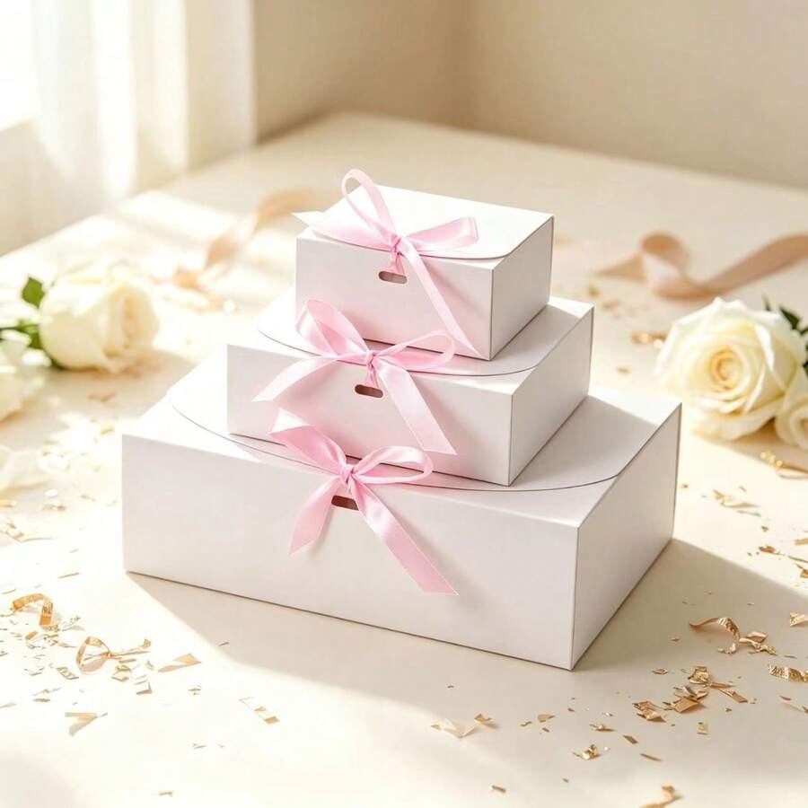 1/8/16Pcs White Foldable Paper Gift Boxes 10.6*7.8*3.1Inch With Pink Satin Bow Ribbon, Bridesmaid Proposal Packaging Box For Wedding Bridal Shower Baby Shower Party Favors - View 1