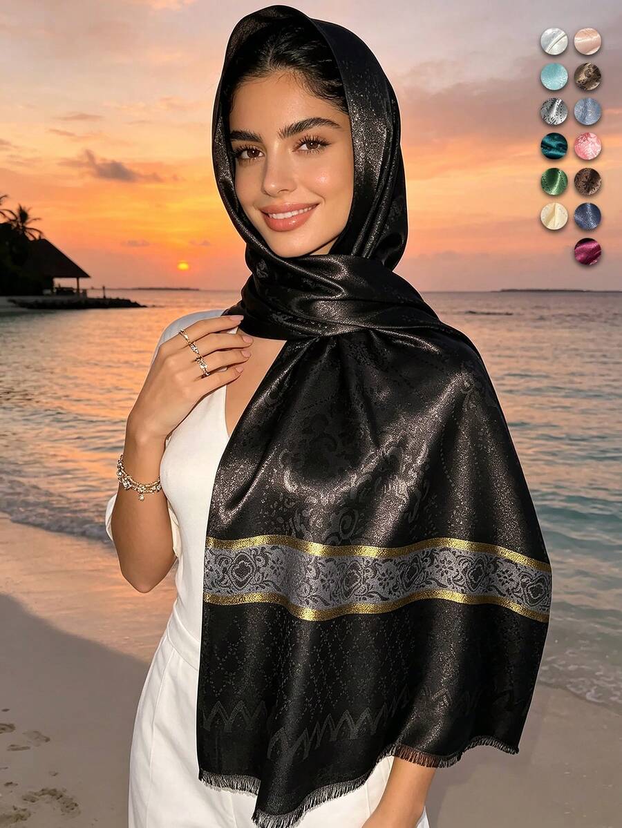 1pc Elegant Luxury Gold Thread Jacquard Hijab, Versatile Floral Pattern Tasseled Shawl Scarf For Women, Suitable For All Seasons For Dress - Multicolor - View 1
