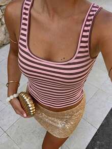 Women Fall Pink Brown Stripe Tank Top,Square Neck Slim Crop Camisole For Back To School Daily Going Out - Pink - View 5