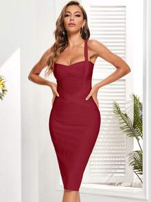 Women's New Sexy Spaghetti Strap Elastic Sleeveless Bandage Midi Dress - Burgundy - View 8