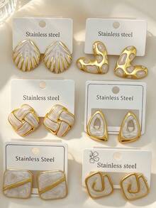 9 pares de pendientes románticos de mujer con efecto de aceite goteante, que incluyen formas de triángulo, gota de agua, concha, hoja y formas geométricas, conjunto blanco, adecuado para citas de mujeres, compras o como regalo del Día de San Valentín para amantes, Día de San Valentín, mamá, regalo del Día de la Madre, regalo de boda para mujeres, versátil y práctico, adecuado para el desplazamiento diario y la combinación personalizada - Kit de goteo de aceite - Ver 5