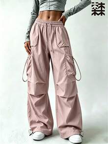 mulinsen Women's Drawstring Waist Cargo Pants, Casual Wide Leg Multi-Pocket Parachute Pants, Loose Street Style Tapered Leg Long Pants - Pink - View 1