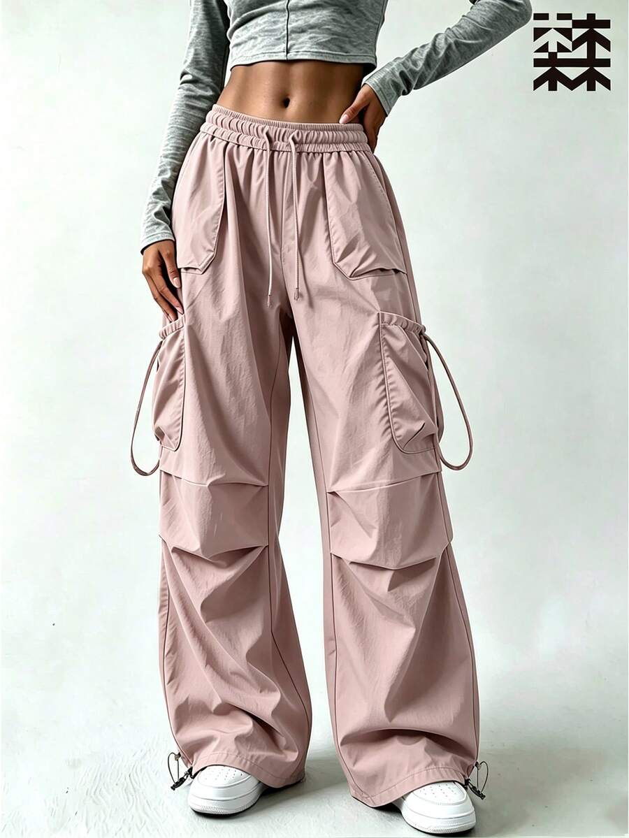 mulinsen Women's Drawstring Waist Cargo Pants, Casual Wide Leg Multi-Pocket Parachute Pants, Loose Street Style Tapered Leg Long Pants - Pink - View 1