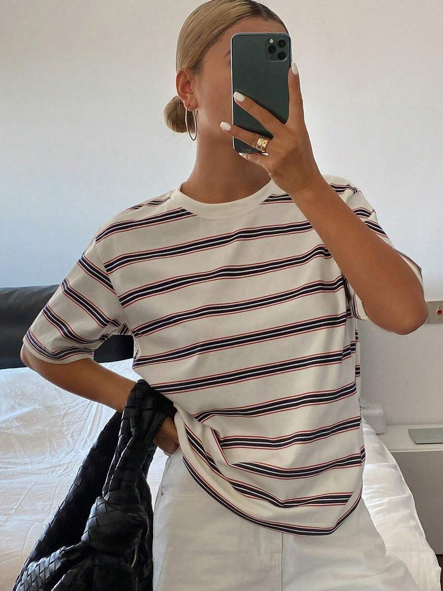 Camiseta de manga corta minimalista y versátil de uso casual, para verano - Albaricoque 3 - Ver 1