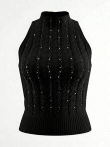 性感重裝飾水鑽立領無袖針織背心女款 夏季設計修身顯身材短版上衣 黑色 - 黑色 - 查看 8