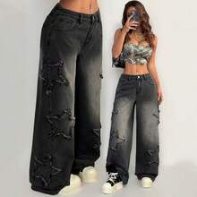 Women High Waist Star Patch Raw Edge Wide Leg Jeans, Black Gray Gradient Floor Length Straight Denim Pants, Y2K Street Casual Long Trousers - Grey - View 2