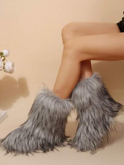 FVPFVP Gal Style Cute Niche Shibuya Girl Fur Boots, Warm Tall/Mid-Calf Winter Personalized Snow Boots For Women