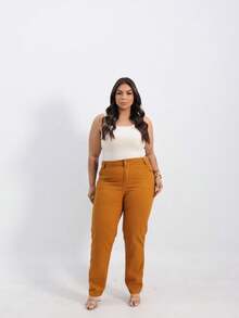 Basic Plus Size High-Waisted Mom Jeans Casual Simple Pocket Zipper Button - Caramel - View 1