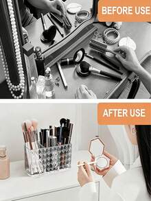 1pc 3-Compartment Transparent Plastic Desktop Storage Box - Diamond Edge Design, Durable Rectangular Makeup Brush, Stationery And Office Supplies Organizer, Fashionable Transparent Material, Aesthetic Office Accessory Storage, Suitable For Home, Office, School And Other Occasions, Home Storage - Clear - View 4