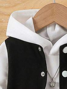 Young Boy Cartoon Print Baseball Collar Warm Sweatshirt And Pants Set - Black - View 4