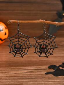 1 Pair Halloween Punk Style Black Spider Web Earrings With Purple Glass Gemstone - Spider - View 4