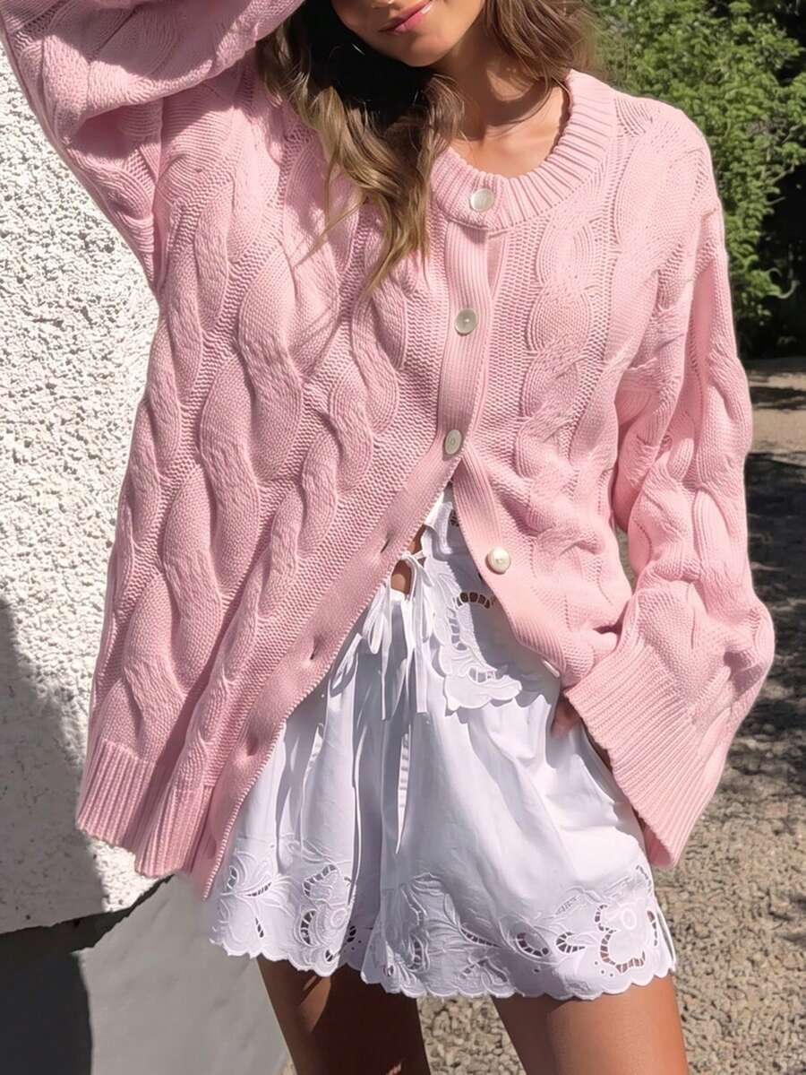 Happyevery Women's Autumn Casual Commute Versatile Soft Textured Cable Knit Cardigan, Loose Slouchy Round Neck Single-Breasted Sweater Jacket Pink - Pink - View 1