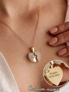 Customized Engraved Text Necklace With Synthetic Stone, Openable Heart-Shaped Pendant, Girlfriend/Couple Combination, Stainless Steel Engraved Name Necklace, Valentine's Day/Christmas Gift - Multicolor - View 1