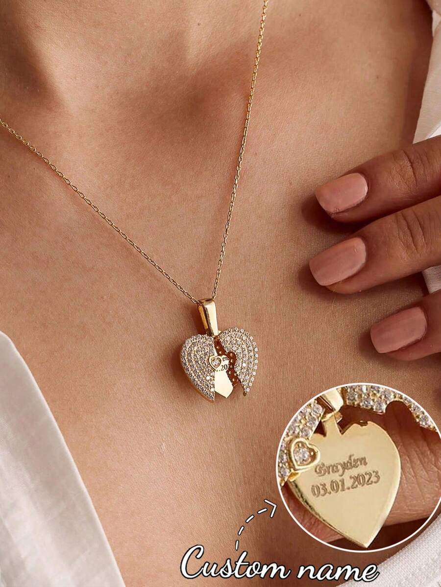Customized Engraved Text Necklace With Synthetic Stone, Openable Heart-Shaped Pendant, Girlfriend/Couple Combination, Stainless Steel Engraved Name Necklace, Valentine's Day/Christmas Gift - Multicolor - View 1