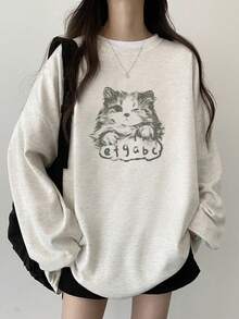 Women's Fashion Autumn/Winter Loose Fit Versatile Letter & Cat Print Long Sleeve T-Shirt Casual - Light Gray - View 4