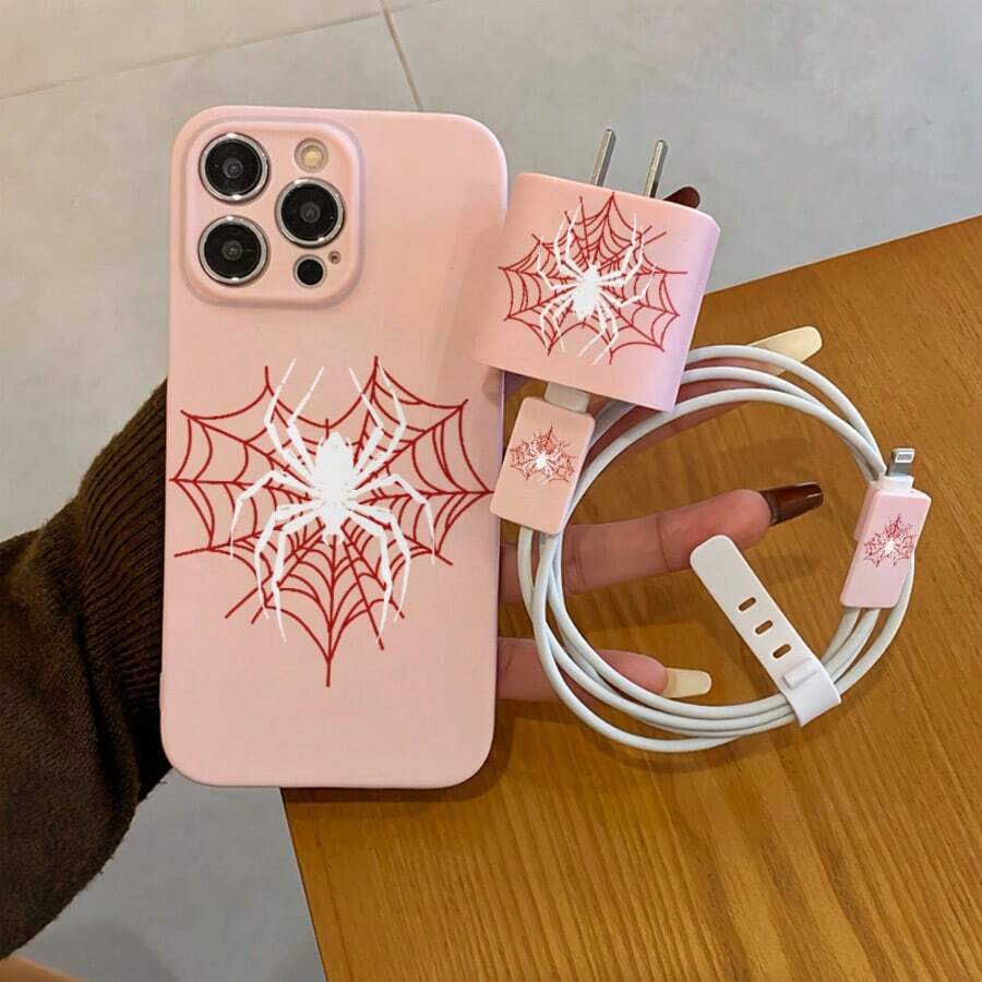 5件組 粉色與白色蜘蛛圖案手機殼 + 充電頭保護套 + 線材保護套 + 收納繩 TPU 防震保護殼,相容 Apple 17 16e 16 15 14 13 12 11 Mini Pro Max Air X XR XSMAX 8 7 Plus,防摔磨砂背蓋,智慧型手機保護殼,日常使用殼,時尚手機配件,創意設計,UV 印刷設計,時尚保護殼,時尚愛好者,音樂愛好者,生日禮物首選 - 彩色 - 查看 1