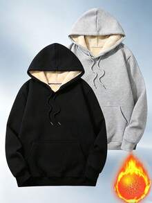 Men's Thermal Fleece Lined Sweatshirt, Solid Black Kangaroo Pocket Drawstring Hooded Sweatshirt, Casual Warm Oversized Pullover For Sports Daily Wear Fall - Black - View 1