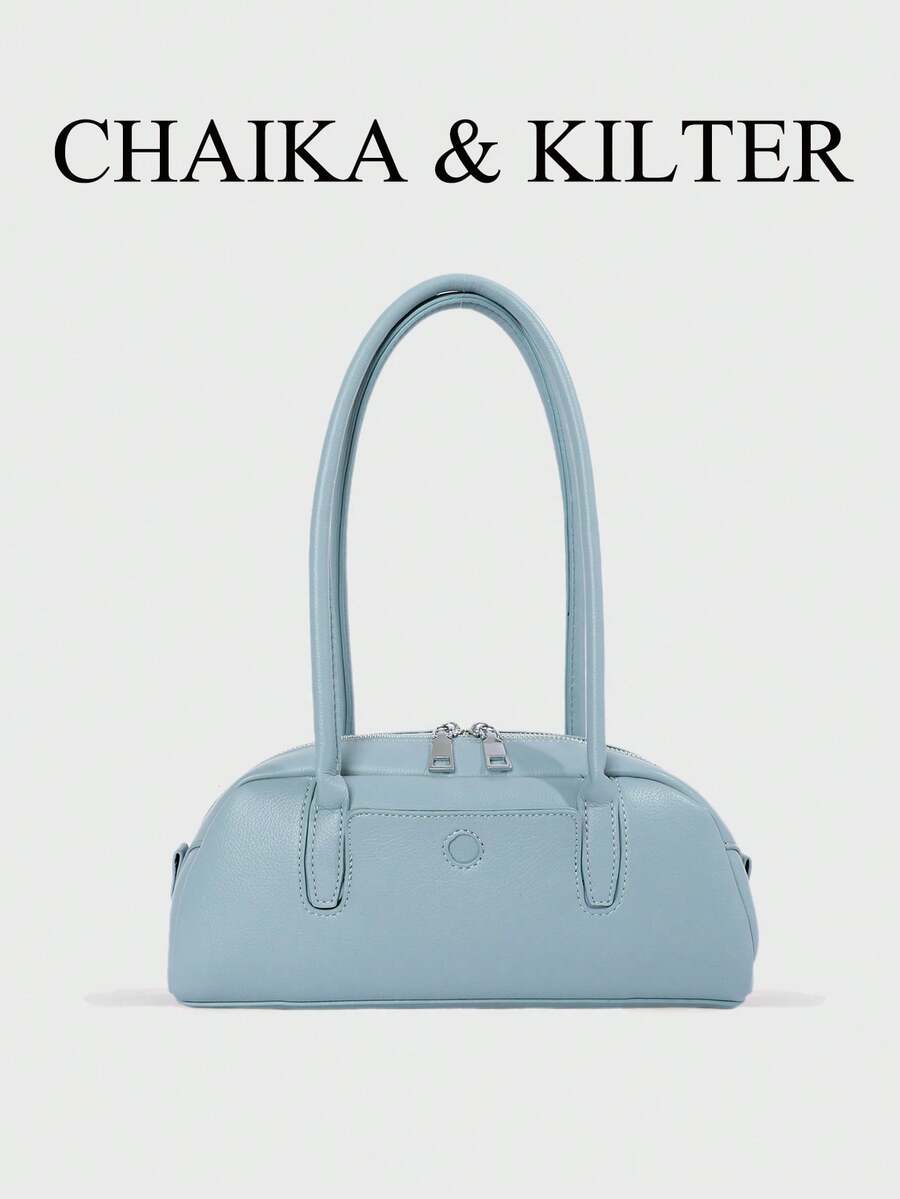 CHAIKA & KILTER 1件裝純色PU布料女款時尚波士頓保齡球肩背包，金屬孔眼裝飾，雙手把設計，拉鍊開合，適合日常與街頭使用