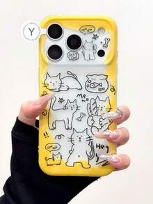 Casing Ponsel Gaya Korea dengan Motif Grafiti dan Liontin Kucing Lucu, Kompatibel dengan Apple 17 Pro Max, Lapisan Ganda, 16 Pro Baru, 17 Wanita, 15 Pro Kreatif, 14 Pelindung Ponsel Anti Jatuh Cakupan Penuh - Kuning - View 5