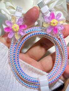 1 Set TPU Flower Data Cable Protector, Protects Data Cable, Made Of Durable ABS Material - Suitable Compatible With Apple 18W/20W Charger, Protects Charging Phone Cable From Damage Protector - Pink Purple Rainbow Daisy - View 4