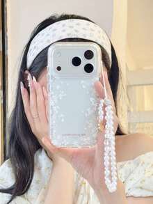 Smartphone Case With Camellia Charm And Pearl Strap, Matte Finish, White Floral Border On Both Sides, Korean Style, Cute, Compatible With IPhone 18 Pro Max/17/16/15/14/13/12/11 And All Models, Minimalist Design, Unisex, Shockproof, Shock-Absorbing, Anti-Drop, Scratch-Resistant, Anti-Fingerprint, Non-Slip, Perfect For Birthdays And Anniversaries - Translucent + Pearl Chain - View 2