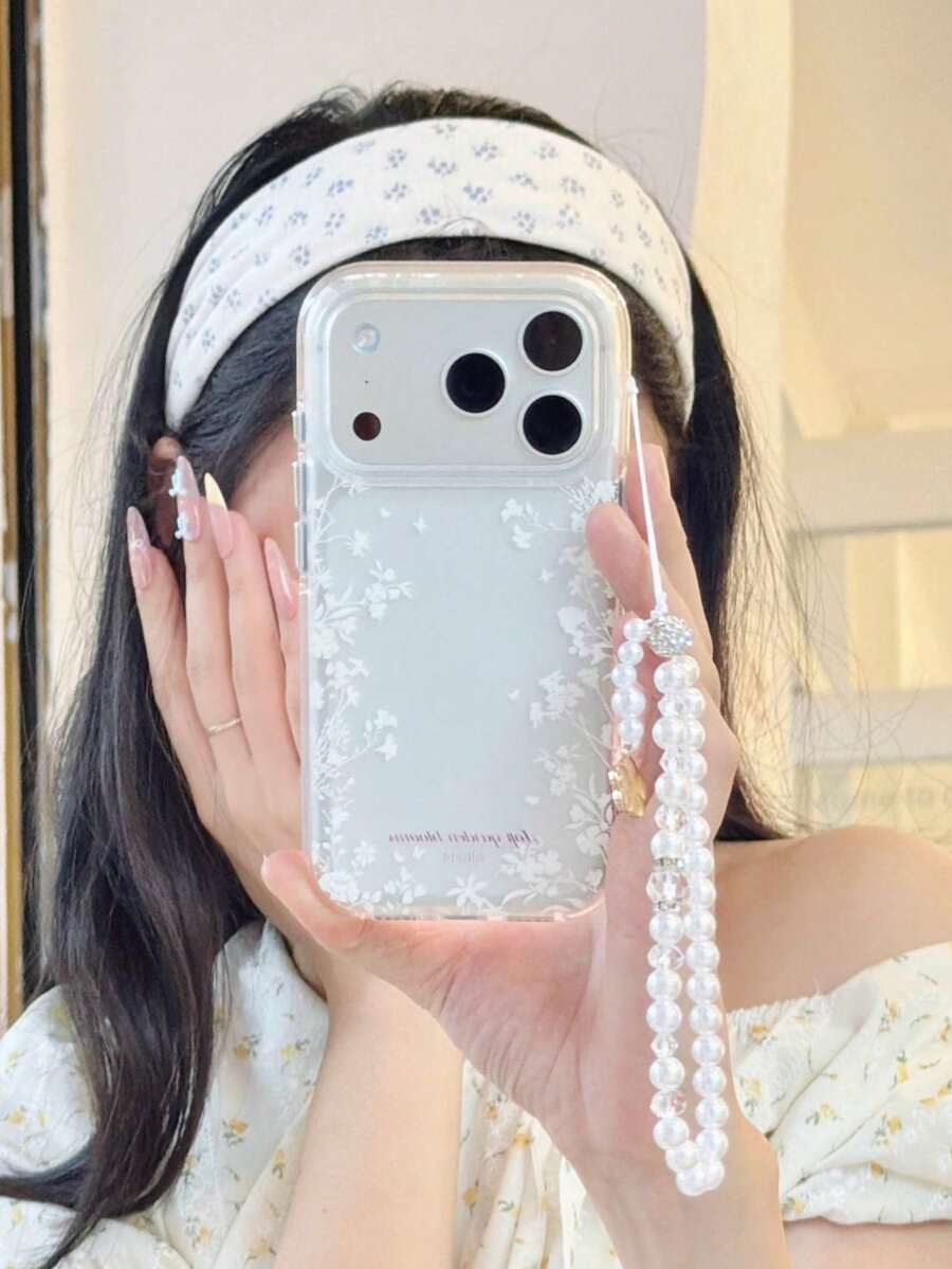 Smartphone Case With Camellia Charm And Pearl Strap, Matte Finish, White Floral Border On Both Sides, Korean Style, Cute, Compatible With IPhone 18 Pro Max/17/16/15/14/13/12/11 And All Models, Minimalist Design, Unisex, Shockproof, Shock-Absorbing, Anti-Drop, Scratch-Resistant, Anti-Fingerprint, Non-Slip, Perfect For Birthdays And Anniversaries