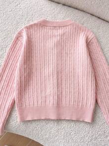 1pc Girls New Vintage Cable Knit Button Cardigan Sweater Jacket, Cute Minimalist Fashion Children's Daily Casual Versatile Long Sleeve Top - Pink - View 2