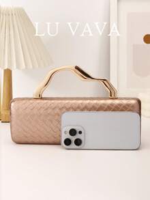LU VAVA Solid Color Woven Evening Clutch With Wave - Shaped Gold Handle & Chain, Spring Wedding Party Luxury Bag (Champagne)​ - Champagne - View 5