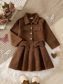 2pcs/Set Girls Toddler Casual Solid Color 3D Bow Soft Comfortable Woven Fabric Long Sleeve Jacket & Skirt Set, Suitable For Outdoor Wear, Autumn/Winter - Rust Brown - View 2