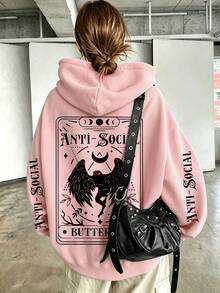 Monster Letter Print Pattern Sweatshirt, Plus Size Women's Casual Autumn/Winter Long Sleeve Pocket Sweatshirt Sweatshirt Pink - Pink - View 1