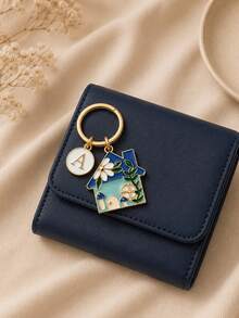 Ocean Blue Mushroom House Enamel Keychain With Floral Element Letter Charm, Couple Best Friend Exclusive Bag Pendant - Multicolor 4 - View 3