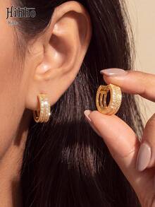 Hihho 2pcs/Set Beaded Double-Row Zirconia Inlaid Wide Gold-Tone Ear Cuffs, Vintage Luxury Full Rhinestone Exquisite Versatile Silver-Tone Hoop Earrings - Beaded Hoop Earrings - View 1