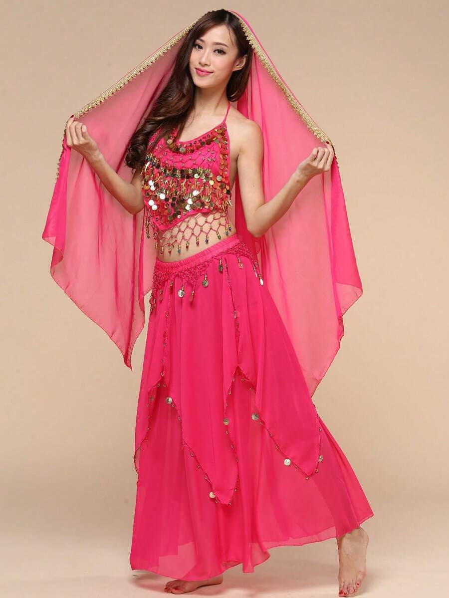 Women Halter Gold Coin Fringe Crop Top & Chiffon Long Skirt, Oriental Belly Dance Carnival Rave Performance Outfit, Multiple Colors Available - Multicolor - View 1