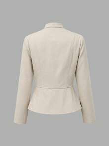 Women's Fashion Long Sleeve Regular Fit Zip-Up Round Neck Woven Fabric Shacket - Apricot - View 10