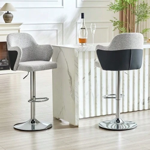 Adjustable Bar Stool Set (Set Of 2), Modern Padded Bar Stools With Armrests, 360° Swivel - Light Grey - View 1