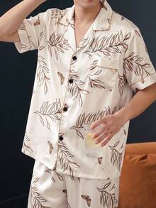 Two Pieces Sets For Men's Pajamas Spring And Summer Short Sleeved Shorts Leaf Pattern Printed Home Clothes Sleepwear Set - White - View 5