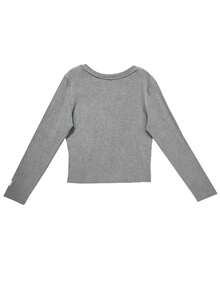 Minimalist Grey Long Sleeve T-Shirt, Round Neck, Slightly Cropped Fit, Soft Stretch Fabric, Casual Fall Outfit For Women, Everyday Basic Top - Grey - View 5