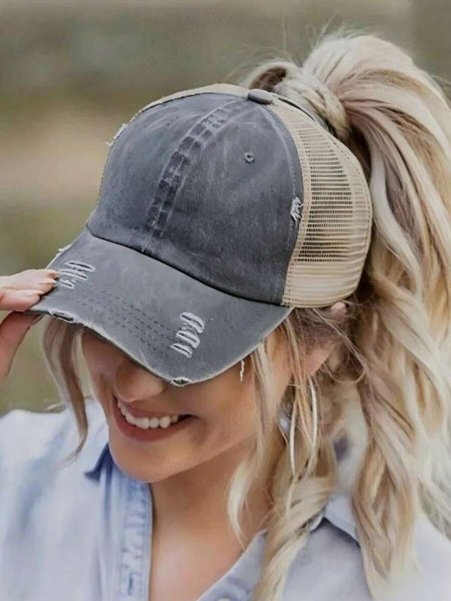 1 pieza Gorra de béisbol de unicolor con efecto desgastado y rasgado, adecuada para uso diario