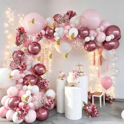 113pcs Macaron Pink Butterfly Balloon Garland Set, Includes Gold Glitter Latex Balloons, Wedding Birthday Theme Celebration Party Decoration Props