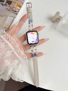 1pc Girls Kids Star Crystal Beaded Leather Watch Band Compatible With Apple Watch 41mm 40mm 38mm AppleWatch Leather Strap Elastic Casual Band Series11 10 9 8 7 6 5 4 3 2 1 SE Suitable For Stepless Adjustment Soft Smart Watch Band - Multicolor - View 16