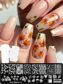 Autumn Maple Leaves Nail Art Stamping Plate With Stamper & Scrapper Leaf Mushroom Apple Pattern Designs Drawing Template For Nail Charming DIY Geometric Nails Stencil Templates Transfer Printing Mold Manicure Tools - Silver - View 2