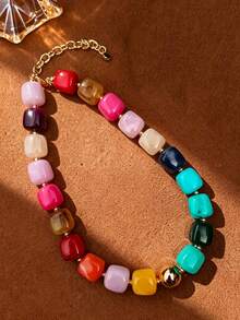 1/6 pièces Collier de perles carrées épaisses en PMMA de style bohème, pour femmes, vacances d'été/tenue de fête, cadeau de bijoux de mode pour la famille et les amis - Collier carré à perles dorées - Voir 25