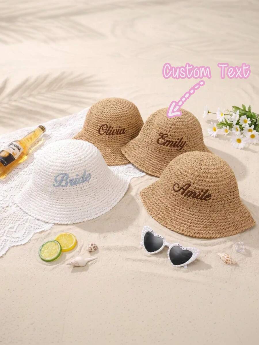 Personalized Straw Sun Hat, Embroidered Bride Beach Hat, Bachelorette Party Travel Accessory, Personalized Straw Sun Hat, Summer Bucket Hat, Bachelorette Party Gift, Bridesmaid Gift - Multicolor - View 1