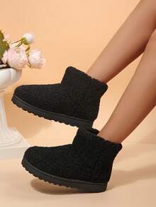 Women's Thick Sole Mini Short Snow Boots, Faux Suede Slip-On Winter Ankle Boots, Thick Fleece Lining Anti-Slip Warm Casual Ankle Boots, Suitable For Daily Outdoor - Black - View 2