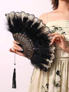 1pc Fairy Realistic Feather Fan, Suitable For Dance Party Stage Performance - White - View 4