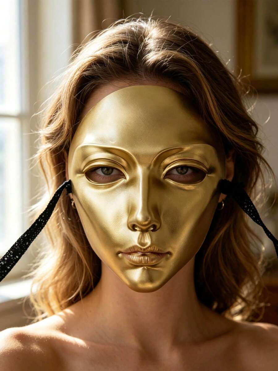 Matte Gold Full Face Portrait Mask With Lace Ties For Secure Fit, Minimalist High-End 3D Human Face Design, Suitable For Halloween Costume, Theme Party Cosplay, Mystery Roleplay, Exquisite Texture For Atmospheric Photography - Matte Gold - View 1