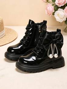 2026 New Mid-To-Large Kids Shiny Black Patent Ankle Boots, Knight Style Classic Round Toe Satin Bow Pearl Rhinestone Decor, Elegant Fashion Durable Comfortable Thick Sole Height-Increasing Boots, School, Travel, Photo, Formal Wear, Runway, Autumn/Winter/Early Spring Sweet Cool Functional Style Unisex Kids Side Zipper Boots - Black - View 4