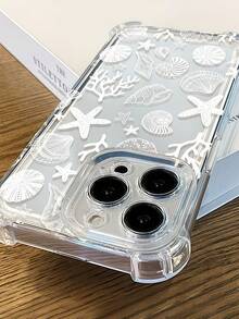 1 pièce Coque de téléphone antichoc à coussin d'air aux quatre coins, motif de lignes blanches, coquillage, étoile de mer, corail, design océan, matériau transparent, design anti-chute, coque de protection en TPU, cadre surélevé pour l'objectif de l'appareil photo, compatible avec iPhone 11, 12, 13, 14, 15, 16, 17 Pro Max, coque de téléphone style plage d'été, convient aux femmes et aux filles, compatible avec Galaxy, Honor, téléphones - Transparent - Voir 4