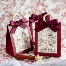 1/10/20pcs Vintage Floral Paper Gift Boxes With Velvet Bows And Wooden Handles, Portable Wedding Favor Packaging Bags, Suitable For Candy, Chocolate, Bridal Shower And Party Gift Wrapping - J-Multicolor - View 5